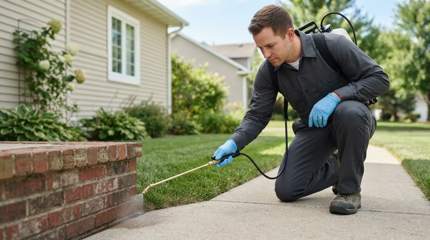 Pest control technician treating a home near Nedrow, NY