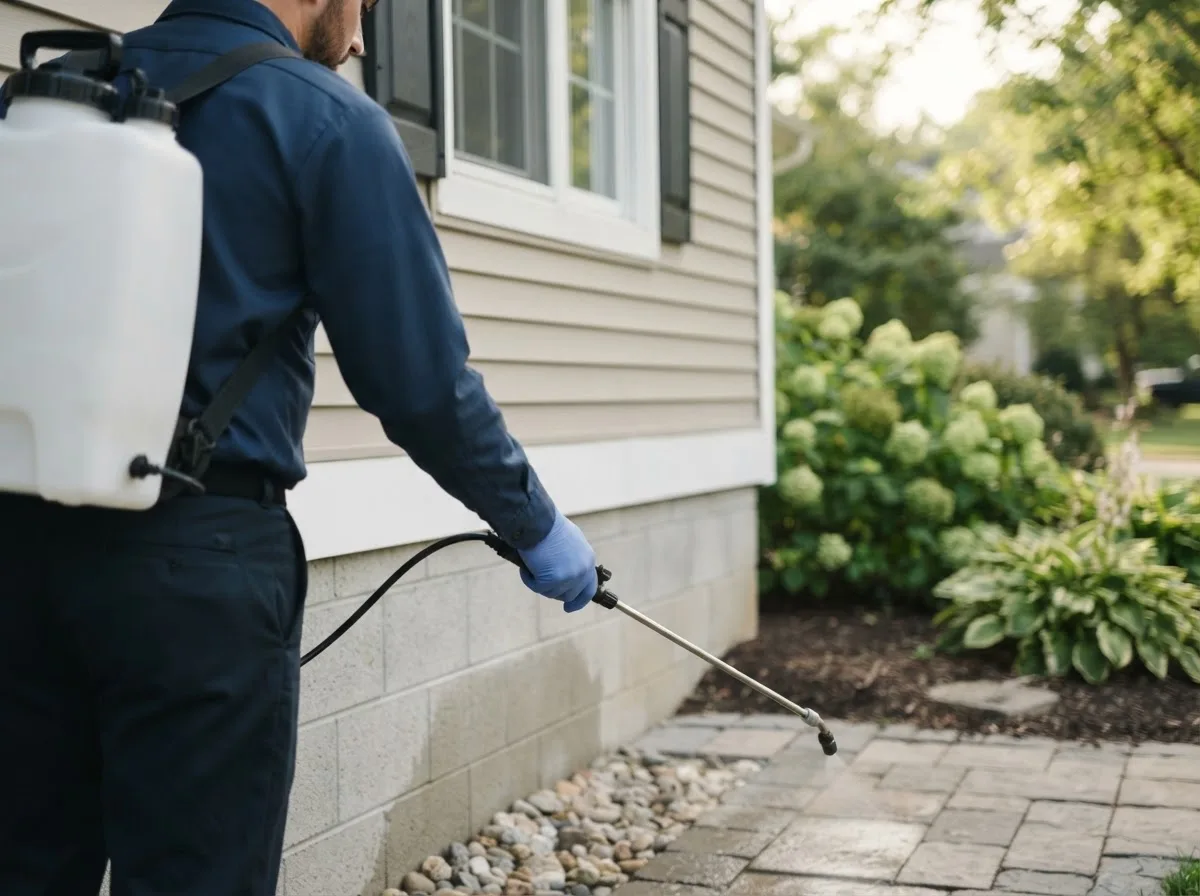 Pest control technician inspecting a home in Nedrow, NY